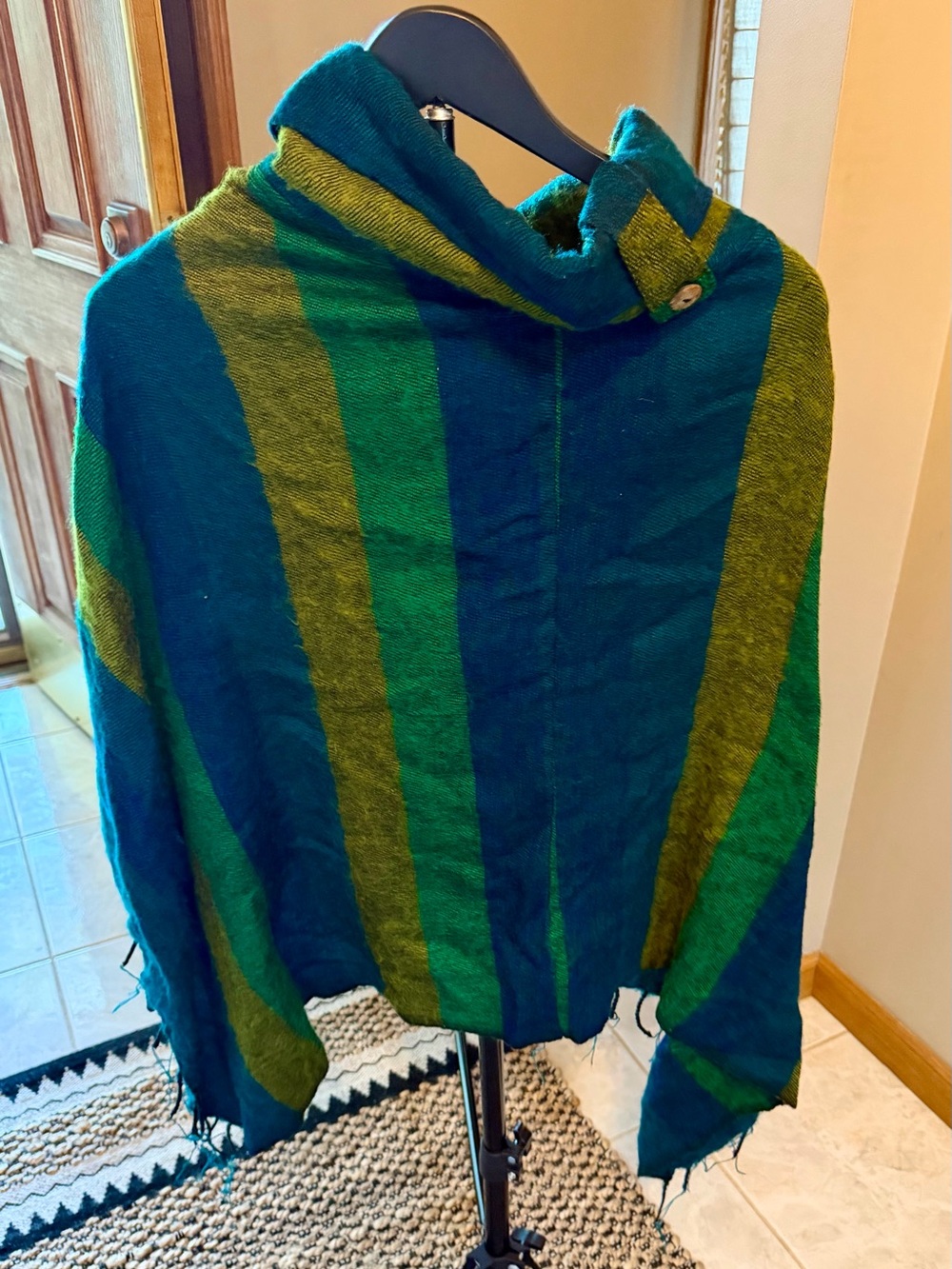 Women's Striped Hooded Poncho in Teal & Green